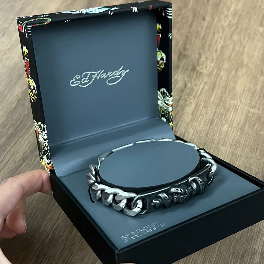 NEW Ed Hardy Skull Death or Glory Mens Stainless Steel Bracelet